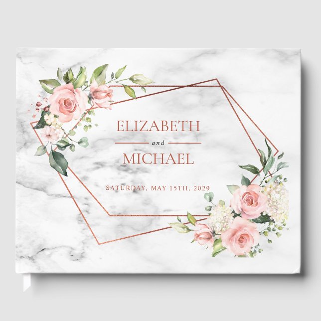Copper Geometric Marble Pink Floral Guest Book (Front)