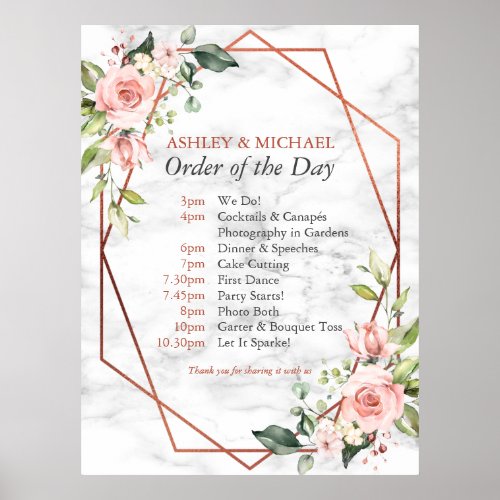 Copper Geometric Marble Pink Floral Order of Day Poster