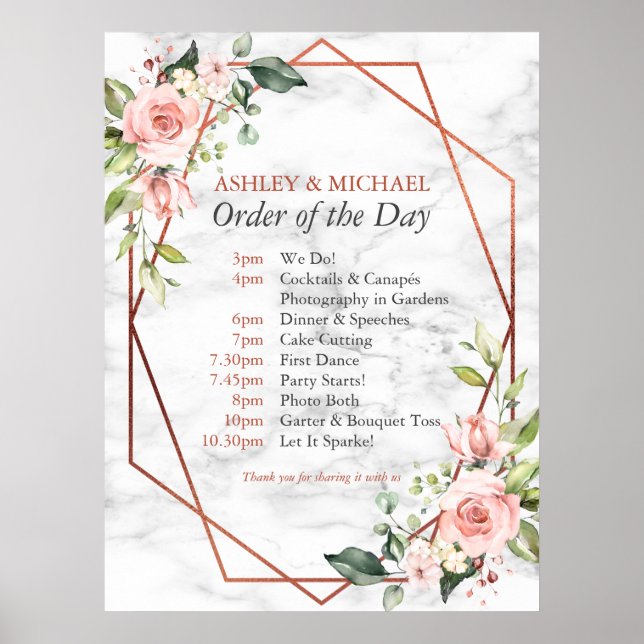 Copper Geometric Marble Pink Floral Order of Day Poster (Front)