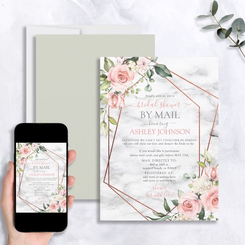 Copper Geometric Marble Pink Floral Shower by Mail Invitation