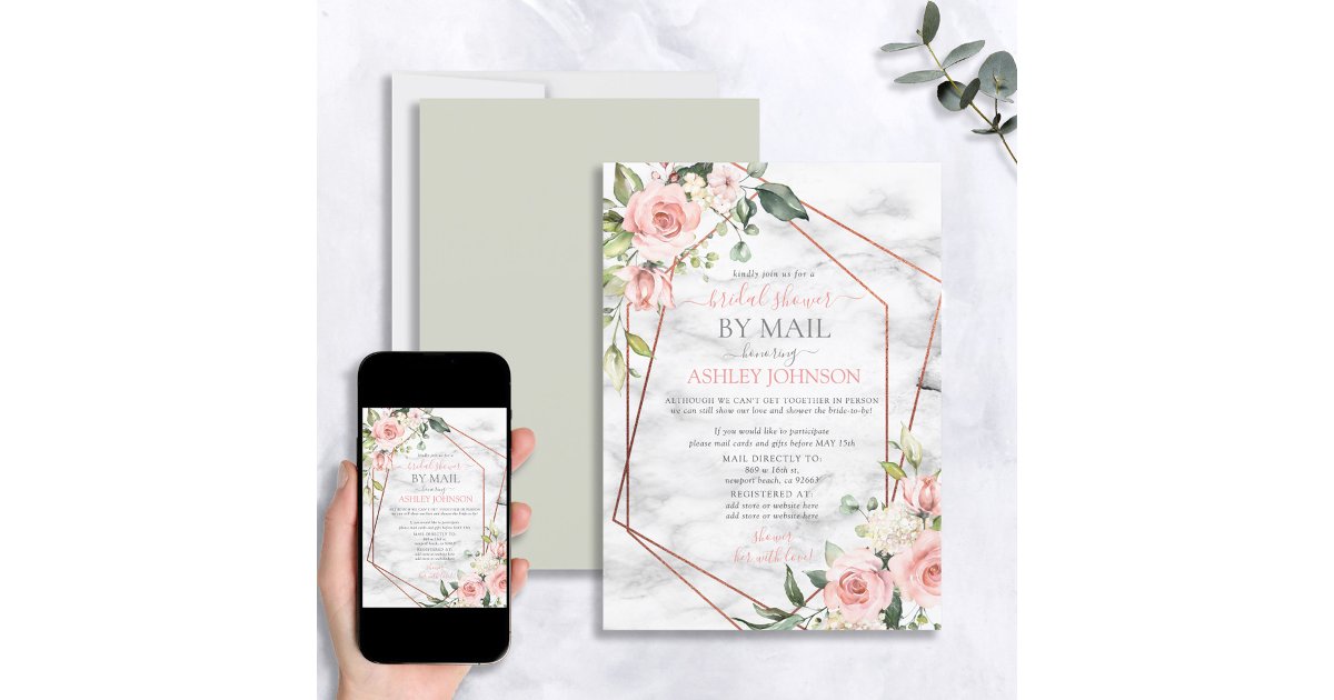 Copper Geometric Marble Pink Floral Shower by Mail Invitation | Zazzle