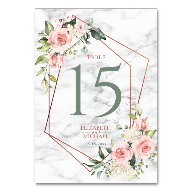 Copper Geometric Marble Pink Floral Table Number (Front)