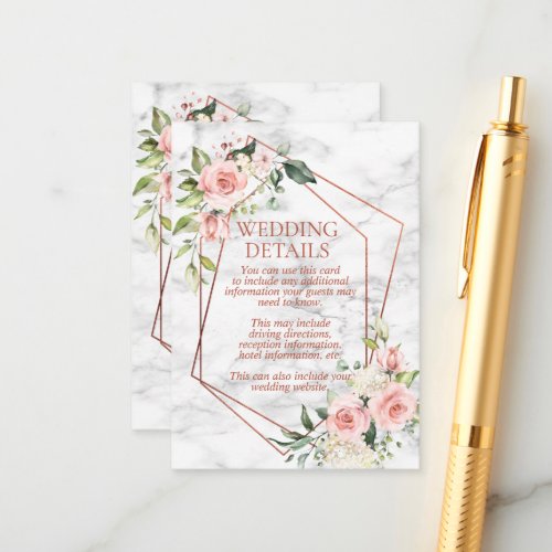 Copper Geometric Marble Pink Floral Wedding Detail Enclosure Card