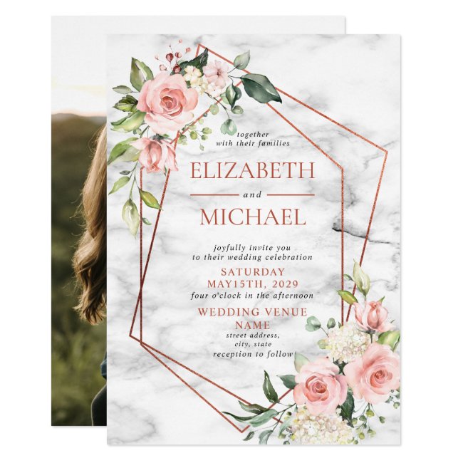 Copper Geometric Marble Pink Floral Wedding Invitation