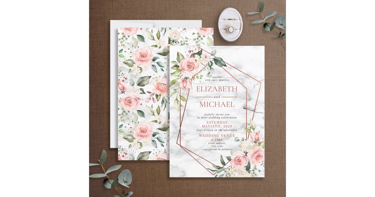 Copper Geometric Marble Pink Floral Wedding Invitation | Zazzle