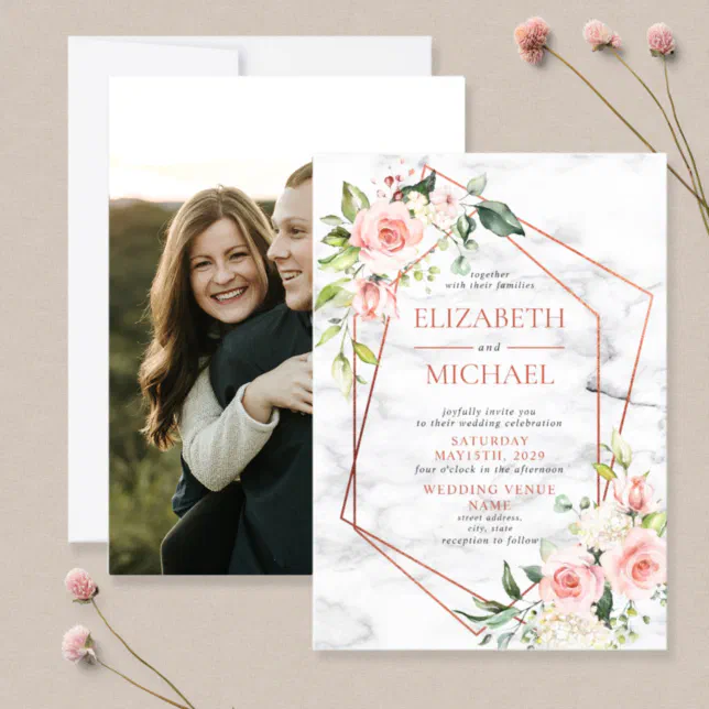 Copper Geometric Marble Pink Floral Wedding Invitation | Zazzle