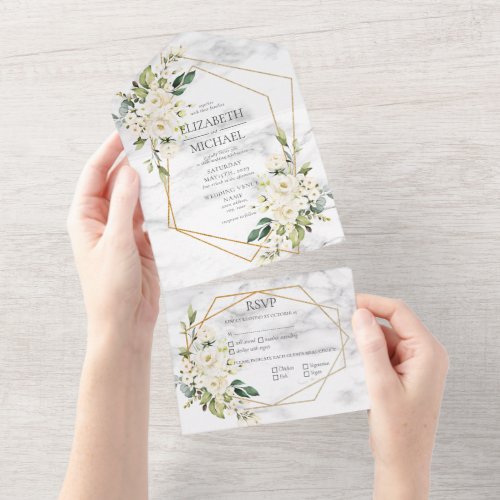 Copper Geometric Marble White Floral  Wedding All In One Invitation