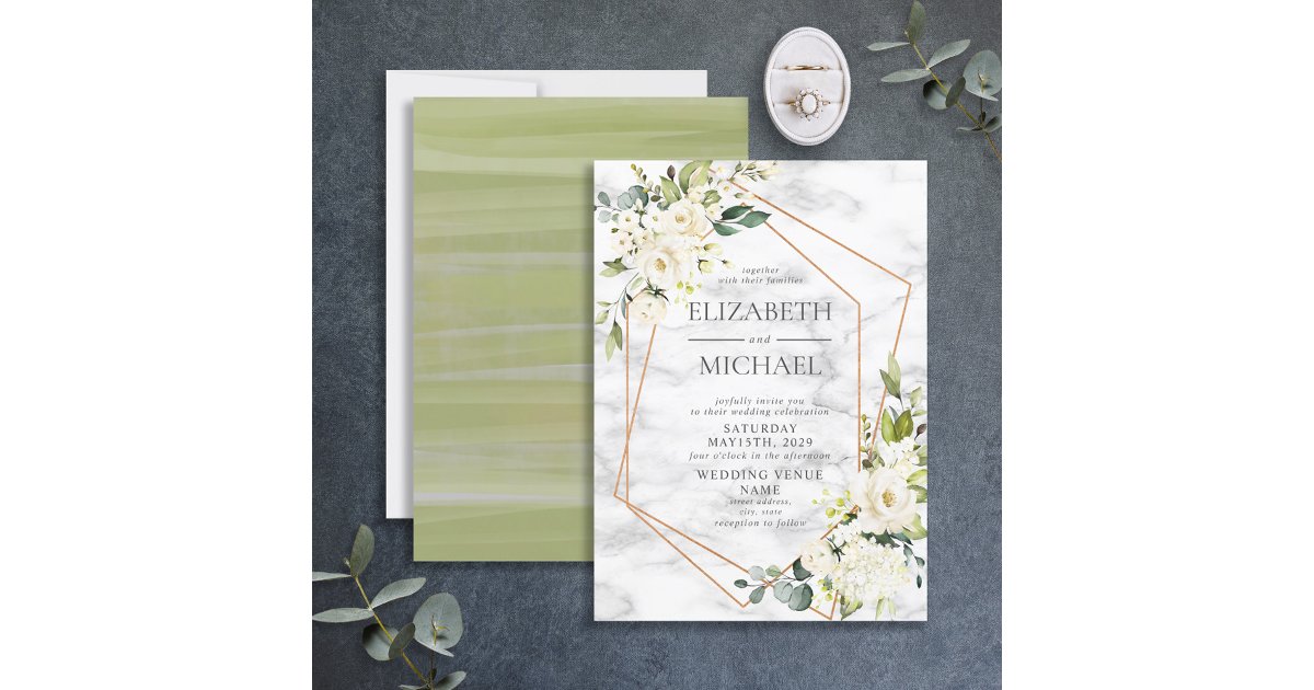 Copper Geometric Marble White Floral Wedding Invitation | Zazzle