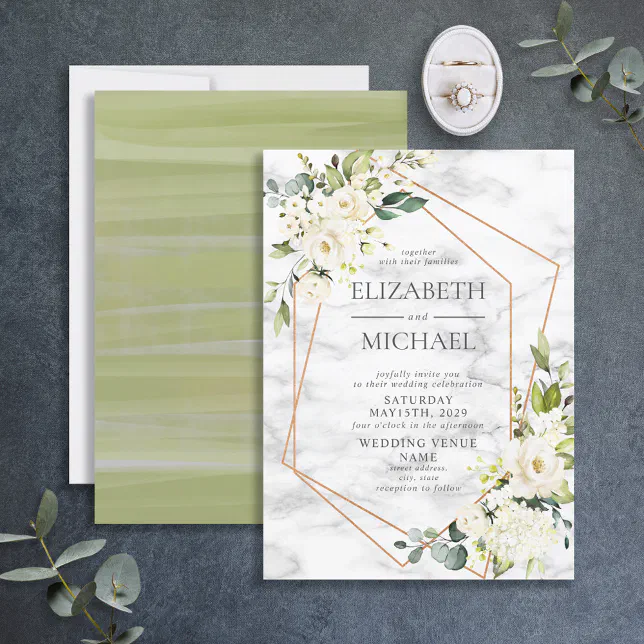 Copper Geometric Marble White Floral Wedding Invitation | Zazzle