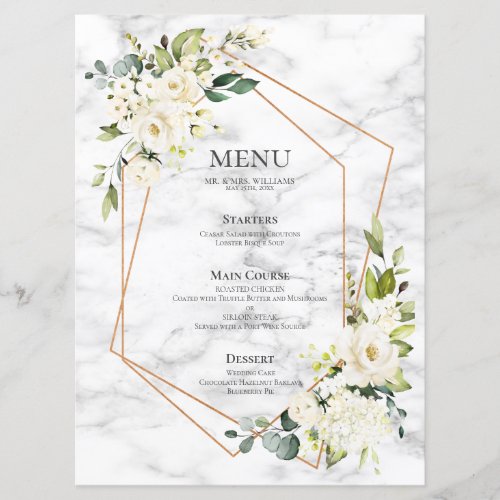 Copper Geometric Marble White Floral Wedding Menu