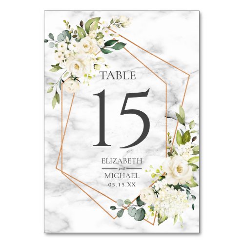 Copper Geometric Marble White Floral Wedding Table Number