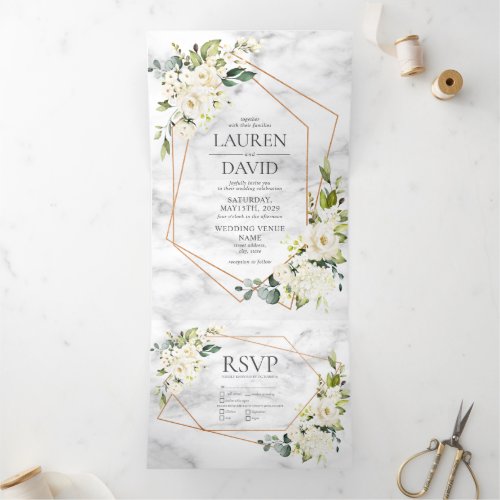 Copper Geometric Marble White Floral Wedding Tri_Fold Invitation