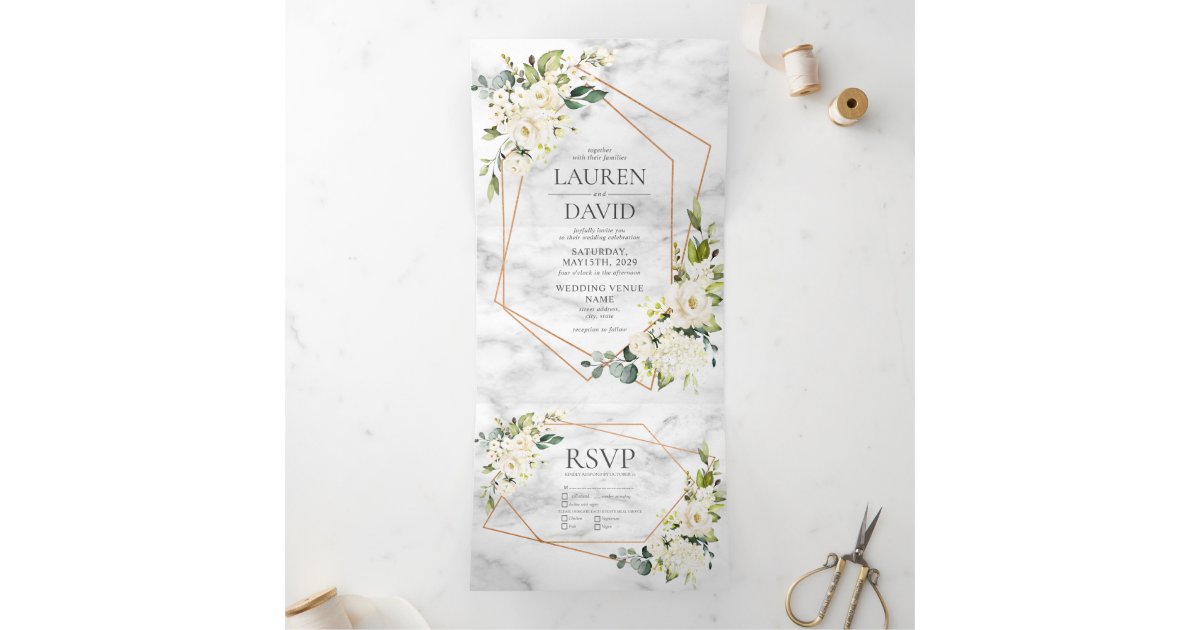 Copper Geometric Marble White Floral Wedding Tri-Fold Invitation | Zazzle