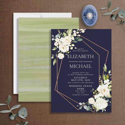 Copper Geometric Navy Blue White Floral  Wedding Invitation