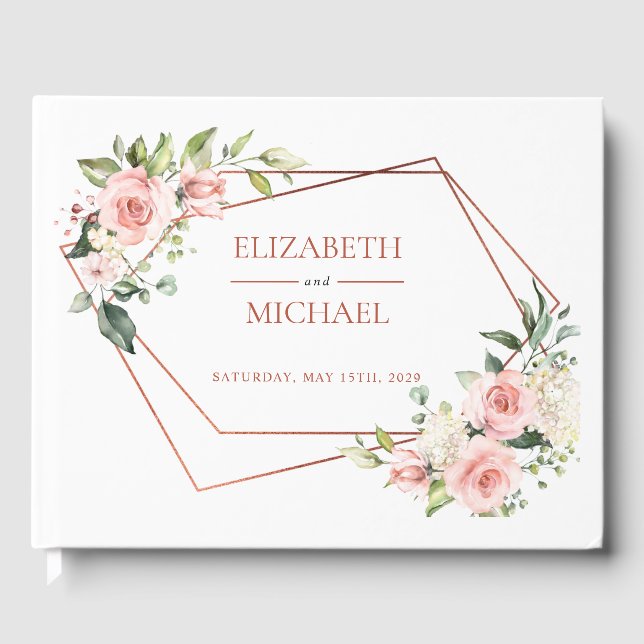 Copper Geometric Peach Pink Floral Guest Book (Front)