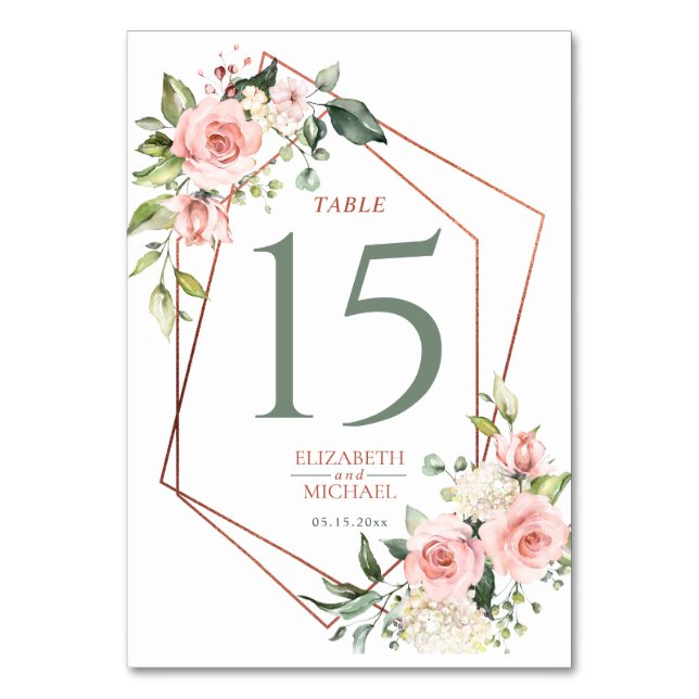 Copper Geometric Peach Pink Floral Table Number (Front)