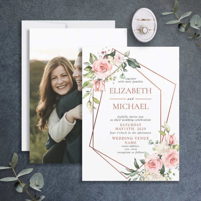 Copper Geometric Peach Pink Floral Wedding Invitation (Creator Uploaded)