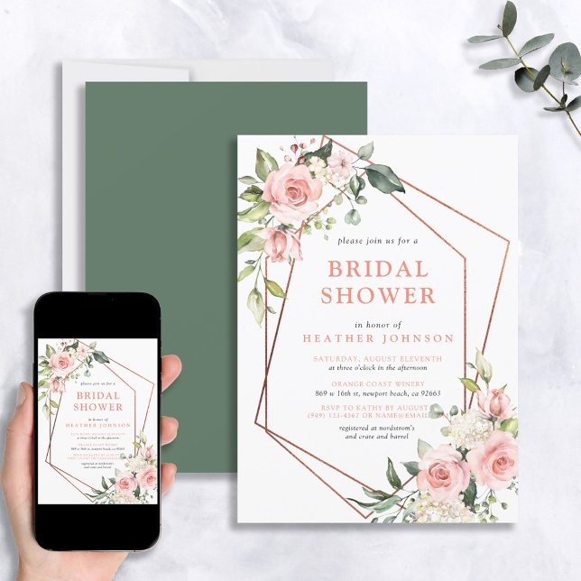 Copper Geometric Pink Floral Eucalyptus Shower Invitation (Creator Uploaded)