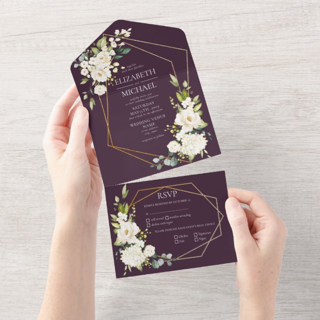 Copper Geometric Plum White Elegant Photo Wedding All In One Invitation (Tearaway)
