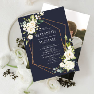Copper Geometric White Blue Elegant Photo Wedding Invitation
