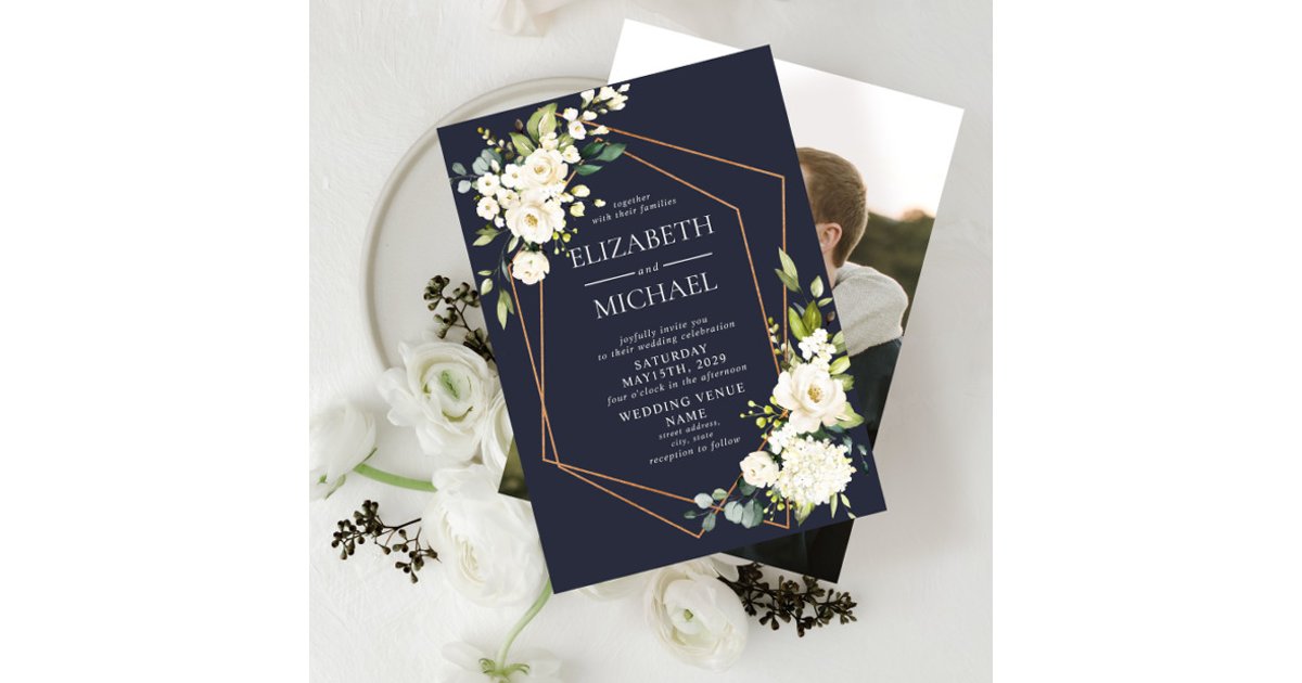 Copper Geometric White Blue Elegant Photo Wedding Invitation | Zazzle