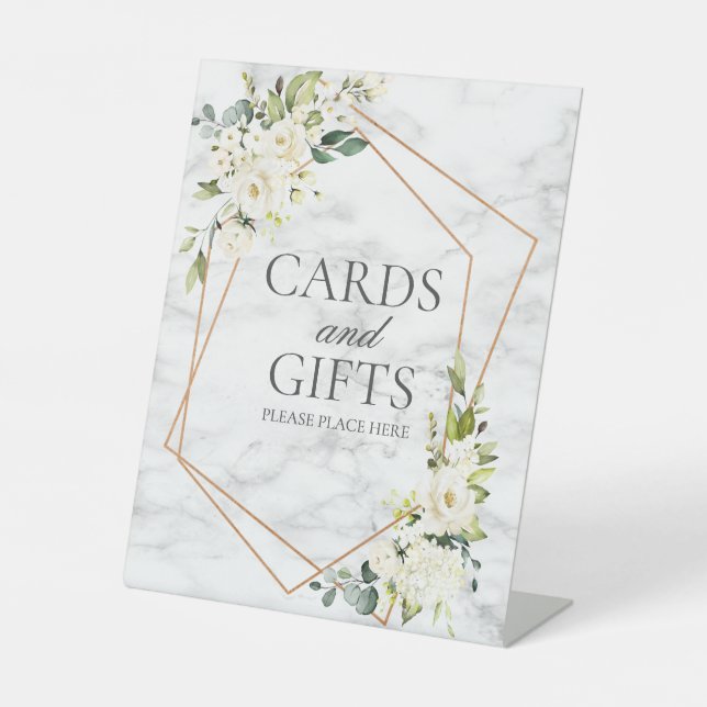 Copper Geometric White Floral Marble Wedding Gift Pedestal Sign (Front)