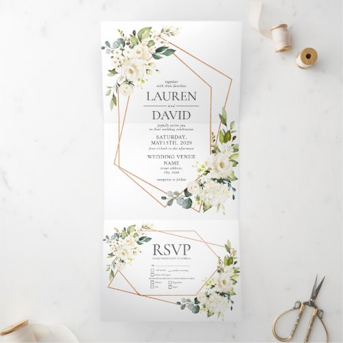Copper Geometric White Floral Wedding Tri_Fold Inv