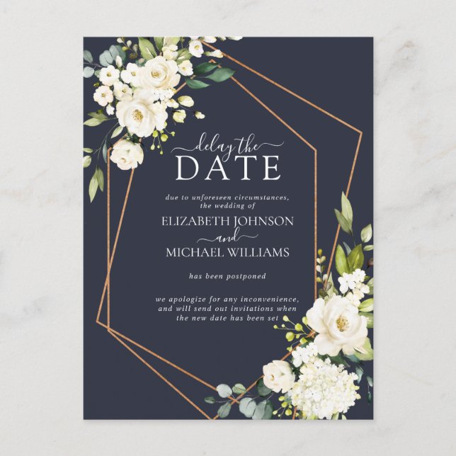 Copper Geometric White Navy Blue Delay The Date Announcement Postcard (Front)