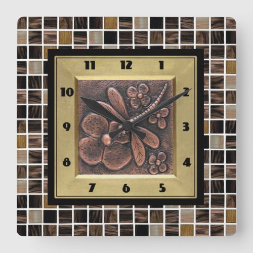 Copper Glass Tiles Square Wall Clock