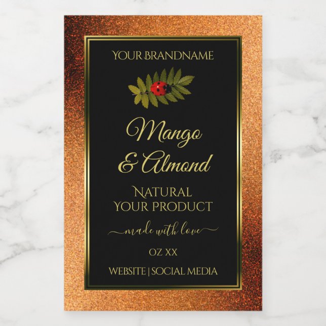 Copper Glitter Black Product Labels with Ladybug (Single Label)