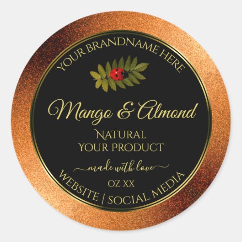 Copper Glitter Black Product Labels with Ladybug