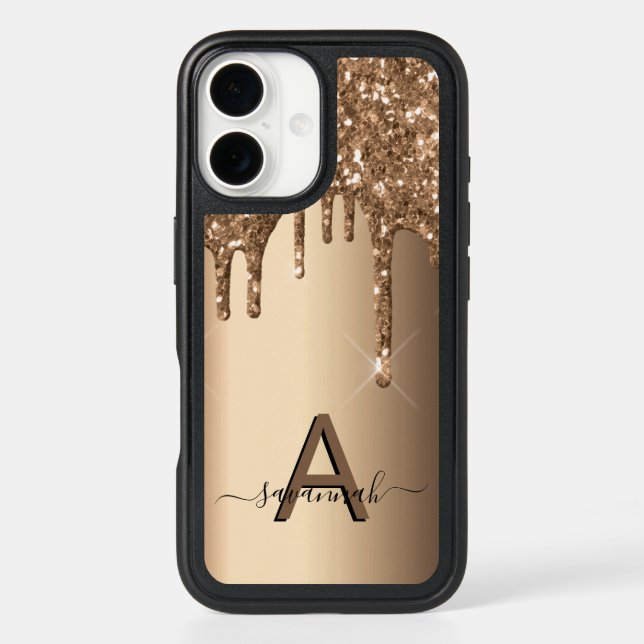 Copper glitter drip bronze sparkle monogram otterbox iPhone case (Back)