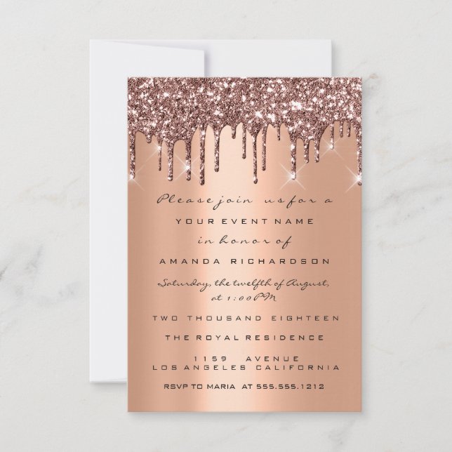Copper Glitter Drips Rose Gold  Bridal Shower 16th Invitation (Front)