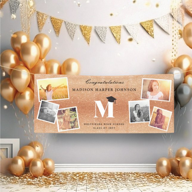 Copper Glitter Monogram 6 Photo Graduation Party Banner (Copper Glitter Grad's Monogram 6 Photo Glam Chic Graduation Party Banner @ zazzle.com/color_therapy)
