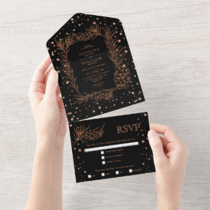 Copper glitter pine, confetti black wedding all in one invitation