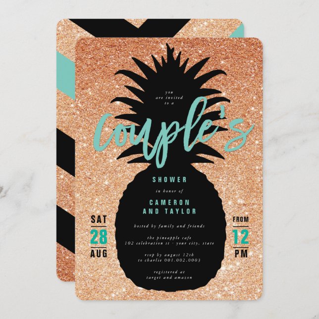 Copper Glitter Pineapple Couple's Shower Invite (Front/Back)