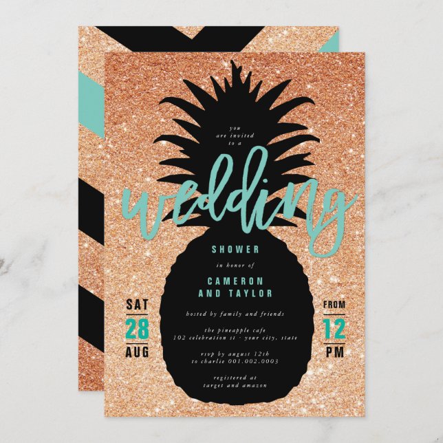 Copper Glitter Pineapple Wedding Shower Invite (Front/Back)