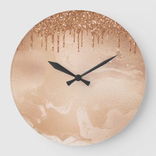 Copper Glitter Rain on Blush Copper Metal Marble Large Clock
