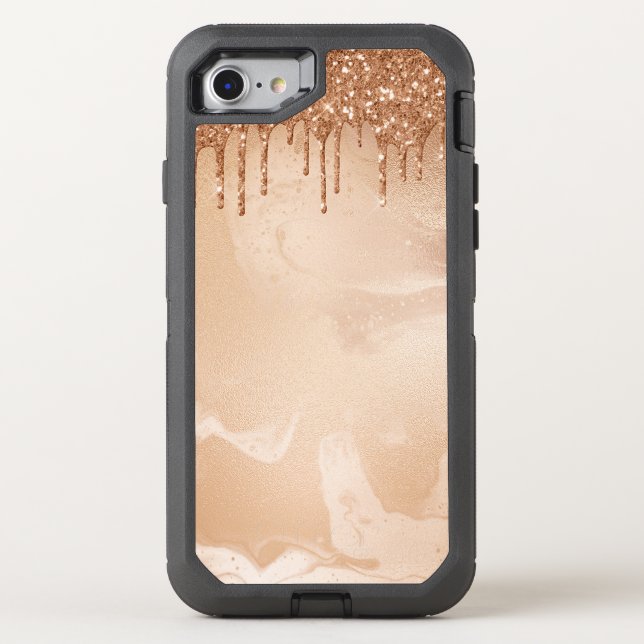 Copper Glitter Rain on Blush Copper Metal Marble Otterbox iPhone Case (Back)