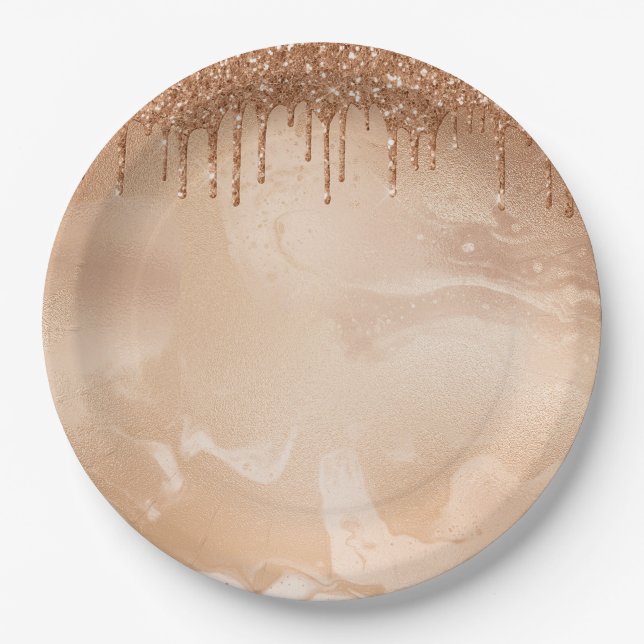 Copper Glitter Rain on Blush Copper Metal Marble Paper Plates (Front)