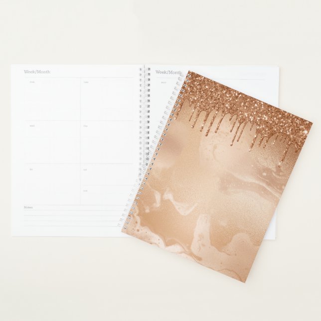 Copper Glitter Rain on Blush Copper Metal Marble Planner (Display)