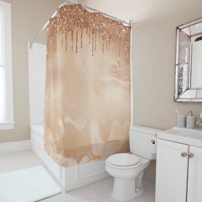 Copper Glitter Rain on Blush Copper Metal Marble Shower Curtain (In Situ)