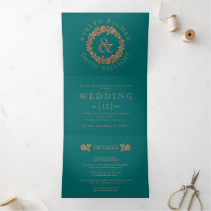 Copper glitter rose wreath teal blue wedding Tri-Fold invitation