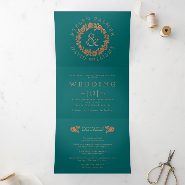 Copper glitter rose wreath teal blue wedding Tri-Fold invitation (Inside)