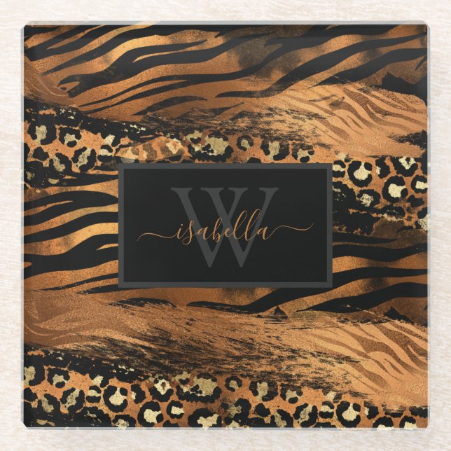 Copper Gold Black Monogrammed Script Initial Name Glass Coaster (Front)