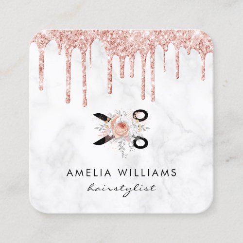 Copper gold glitter scissors floral hairstylist square business card