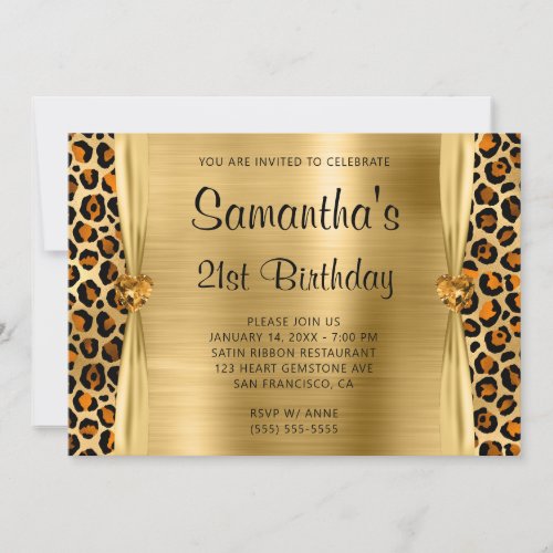 Copper Gold Leopard Foil Gem Heart 21st Birthday Invitation