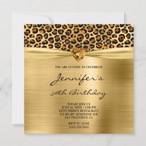 Copper Gold Leopard Foil Gem Heart 50th Birthday Invitation
