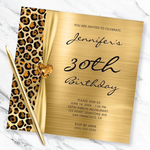 Copper Gold Leopard Foil Gem Ribbon 30th Birthday Invitation