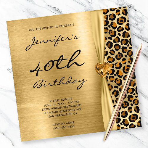 Copper Gold Leopard Foil Gem Ribbon 40th Birthday Invitation